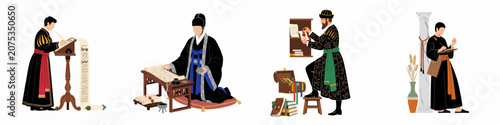 Obraz na plátně Illustration of historical scribes from diverse cultures, including European, East Asian, and Ancient civilizations, engaged in traditional writing and documenting on scrolls