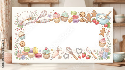 Watercolor Baking Frame with Cupcakes, Macarons, Cookies, Baking Tools and Sweet Desserts