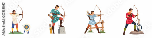 Photos Set of Medieval Archer Characters in Different Poses with Bows and Arrows, Flat Vector Illustration on White Background