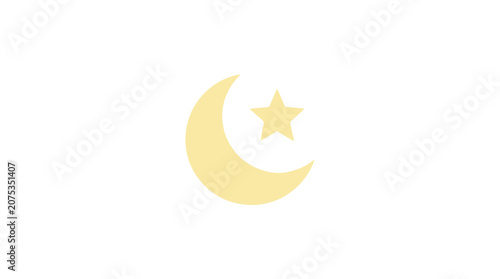 Crescent moon and star icon, Islamic symbol, light yellow on white background
