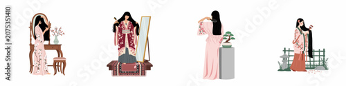 Foto Collection of illustrations featuring Asian women in traditional dress grooming and brushing their long black hair in various settings