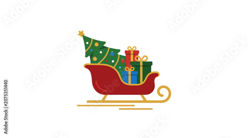 Minimalist flat style Christmas sleigh icon with decorated presents in silhouette for holiday season design elements