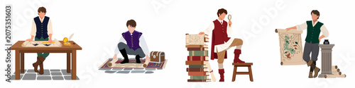 Canvastavla Collection of historical male explorers and cartographers studying old maps, books, and navigating with vintage tools in a flat character illustration style