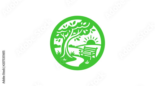 Green park emblem with tree, bench, path, and sun. Nature logo.