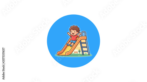 Joyful Boy Sliding Down Playground Slide, Outdoor Fun, Summer Activity