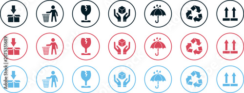 Fotografía Set of packaging symbols with recycling and fragile warning marks, featuring keep dry and handle with care indicators for cargo transit safety