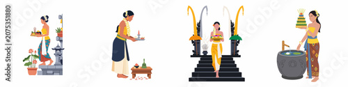 Quadro su tela Balinese Women in Traditional Attire Performing Religious Ceremonies and Offerin