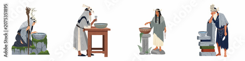 Obraz na plátně Flat vector set of ancient shamans, druids, and priestesses performing mystical water rituals with skulls, staffs, and ritual bowls on white background