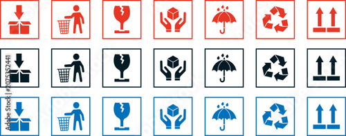Shipping hazard symbols and logistic icons for package handling with caution graphic shapes and elements, perfect for minimalist e-commerce delivery options and commercial packaging specifications.