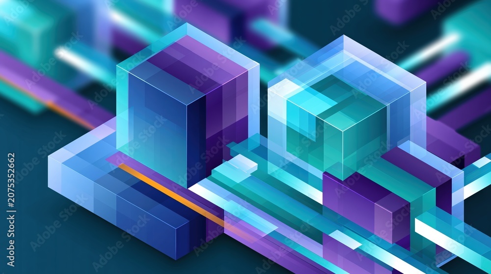 Fototapeta premium Streamlined workflow lines passing through translucent cubes on navy aqua gradient background