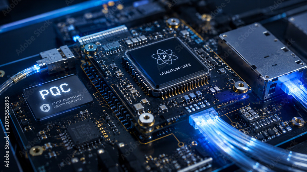 Fototapeta premium Modern electronic circuit board showing quantum-safe technology at a technology lab during bright daylight