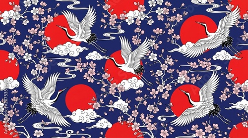 Traditional seamless Japanese pattern featuring flying cranes, red suns, and cherry blossoms on a navy blue background