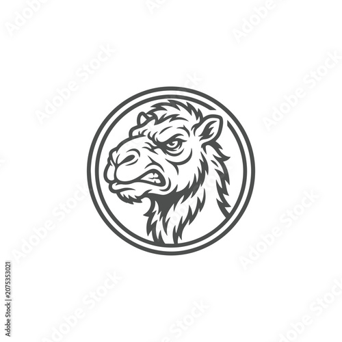 Angry Camel Head Mascot Logo in Monochrome Circular Badge Vector Illustration