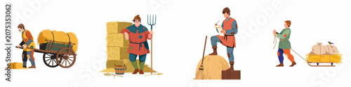 Photos Set of medieval peasant characters performing various farming tasks such as pulling carts, writing on scrolls, and holding pitchforks near haystacks