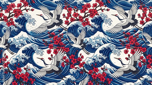 Seamless Japanese Pattern Featuring Cranes, Cherry Blossoms, and Waves