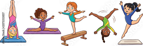 Bild auf Leinwand Cute Cartoon Girls Gymnastics Vector Character Set Featuring Handstand Splits Ba