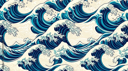 Seamless Japanese ocean wave pattern vector illustration vintage oriental style blue sea water design