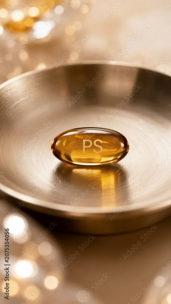 Naklejka premium Close view of a brown capsule on a metallic plate with soft lighting and blurred shapes in the background