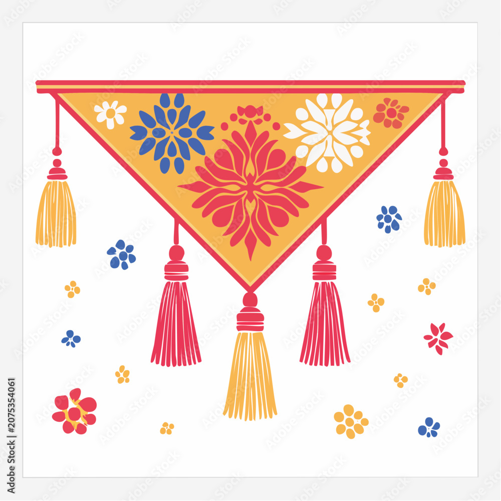 Fototapeta premium Colorful Decorative Banner with Tassels and Floral Motifs