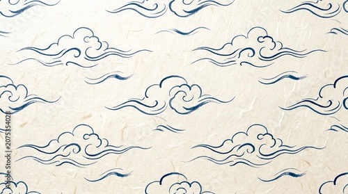 Seamless Pattern of Traditional Japanese Blue Stylized Clouds on Textured Paper Background for Zen Design