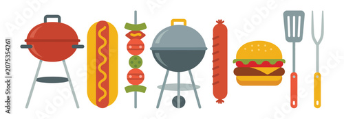 Schilderij op canvas BBQ Grill Vector, barbecue cooking illustration with hotdog, burger, and sausage food items, outdoor grill concept for summer and food design