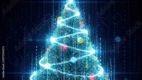 Digital christmas tree formed by glowing binary code streams and data particles on a dark cybernetic background for modern festive technology concepts