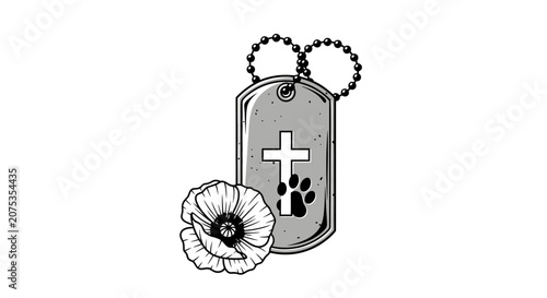 Military dog tag with Christian cross and paw print with poppy flower illustration.