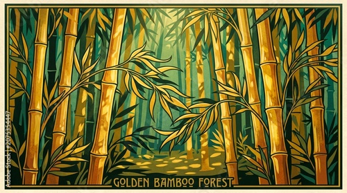 Stylized illustration of a sunlit golden bamboo forest with dense stalks and green foliage in a vintage art poster style