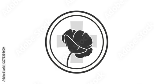 Poppy flower inside a circle with a medical cross icon.