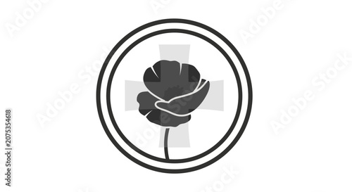 Minimalist icon of a flower inside a circle with a cross symbol.