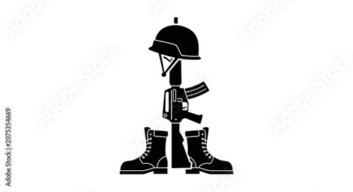 Fallen Soldier Memorial Icon with Helmet Rifle and Boots.