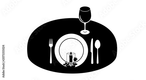 Minimalist silhouette illustration of a formal table setting with a candle.