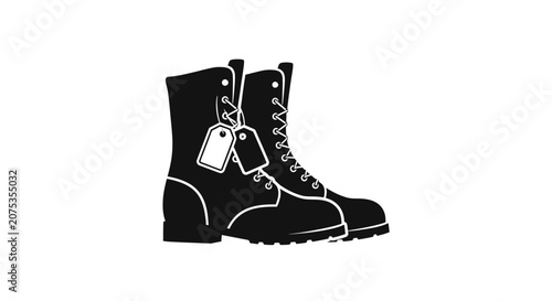 Black silhouette of pair of military style combat boots with tags.