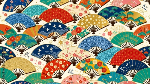 Seamless Pattern of Traditional Japanese Folding Fans with Colorful Washi Paper Designs and Cultural Motifs