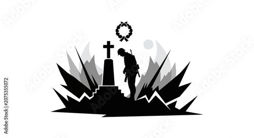 Silhouette of a soldier standing before a memorial cross.