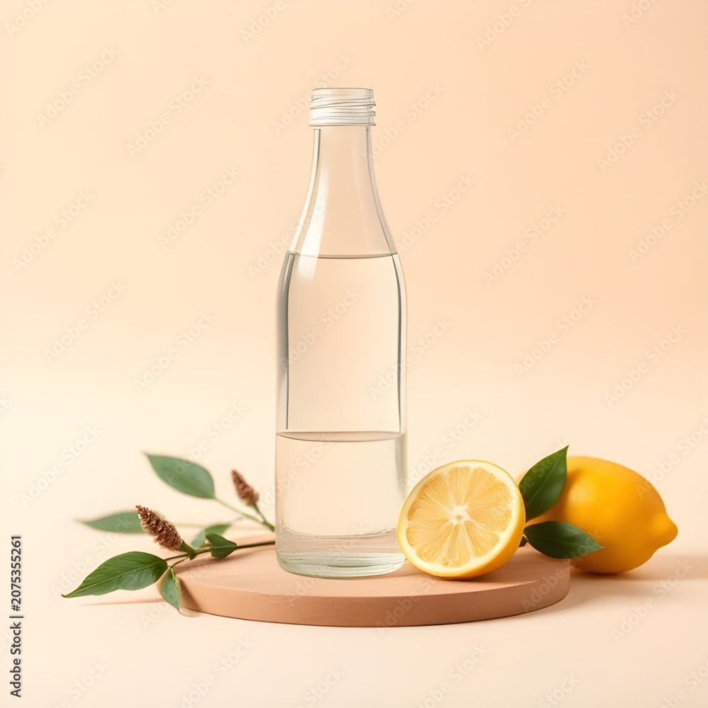 Fototapeta premium Glass water bottle on a wooden pedestal with fresh lemon and leaves, beige background