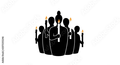 Silhouette of a group of people holding candles in the dark.