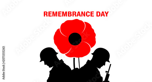 Remembrance Day design with soldier silhouettes and a red poppy flower.