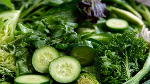 A close up shot of a cool and fresh salad arrangement featuring natural organic shapes and vibrant greenery