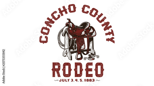 Photos Vintage western rodeo graphic with leather horse saddle and lasso on rack, retro