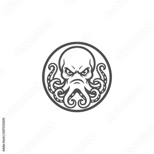Angry Octopus Mascot Logo in Circular Badge Monochrome Vector Illustration