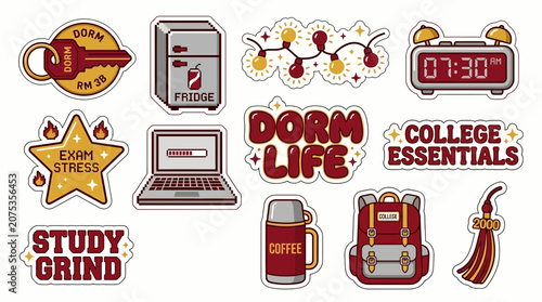 A vibrant aesthetic sticker pack featuring y2k college essentials for dorm life