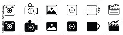 Cuadro en lienzo Camera Add Icon, photo upload and video insert symbol featuring camera and plus mark, clean vector design for apps, UI, and digital platforms