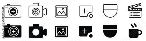 Foto Camera Add Icon, photo upload and video insert symbol featuring camera and plus mark, clean vector design for apps, UI, and digital platforms