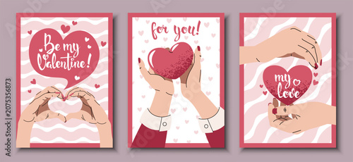 Set Of Valentine's Day Greeting Cards In Flat Style. Female Hands Showing Heart Gesture. Modern Love Expression Template For Banners, Posters, Covers, Advertising And Branding