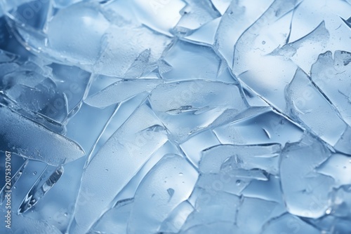 Close up of cracked ice pieces forming a blue frosty texture background