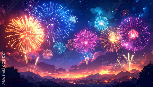 夜空を彩る日本の夏の花火大会、色鮮やかで幻想的な花火背景イメージ、生成AI