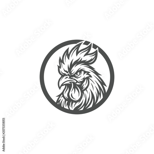 Angry Rooster Head Mascot Logo in Monochrome Circle Emblem Vector Style