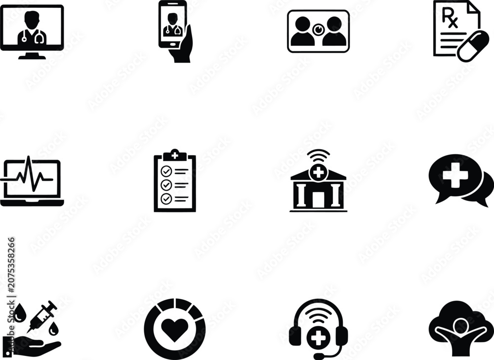 Fototapeta premium Set of medical and healthcare icons for telemedicine and digital health