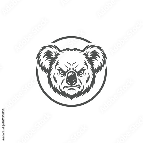 Angry Koala Head Mascot Logo in Monochrome Circle Emblem Vector Style